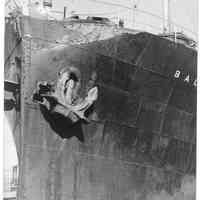 B+W photo of bow damage before repairs to port side to the S.S. Balfen before repairs, Hoboken, no date, ca. 1935.