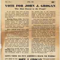 Handbill: Combined Labor Council News Digest, Vol 1, No. 1, April 1958. Vote for John J. Grogan.