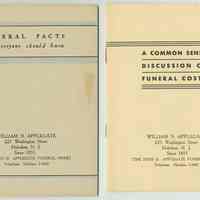 Two pamphlets from Applegate Funeral Home, Hoboken, N.J., ca. 1930: Funeral Facts; A Common Sense Discussion of Funeral Costs.