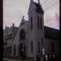          Color slide of eye-level view of front and side facades of St. Francis Roman Catholic Church at 308 Jefferson on the corner of Jefferson and 3rd picture number 1
   