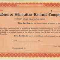 Stock certificate: Hudson & Manhattan Railroad Co. Common Stock Fractional Scrip. N.d., ca. 1911-1920. Unissued.