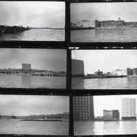 Digital images of B+W contact sheet with six images of the Hoboken waterfront, Hoboken, circa 1987.