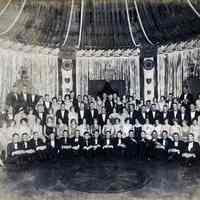 Sepia-tone group photo of attendees at a Stevens Tech formal dance (Valentine
