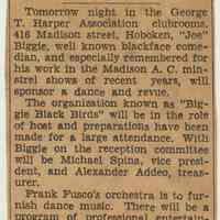Newsclipping "Biggie Black Birds to Stage a Dance," Hoboken, no date, (Feb.,1935, circa the 20th to 28th.)