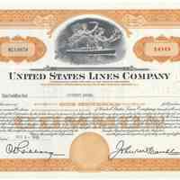 Stock certificate: United States Lines Co., N.Y. & Hoboken; issued Nov. 4, 1949; Vincent Astor; 100 shares common stock.