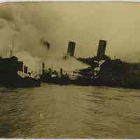 Sepia-tone photo of pier 5 fire in Hoboken, no date, (August 24, 1921.)