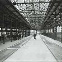 B+W photo of Public Service Railway Hudson PlaceTerminal loading platform on the second floor, Hoboken, July 23,1910.