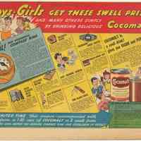 Ad, Cocomalt, Sunday comics: Boys - Girls Get These Swell Prizes... Cocomalt! Unknown newspaper, July 17, 1938.