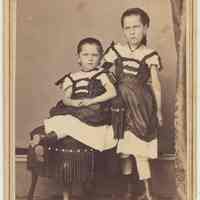 Carte-de-visite of 2 girls posed in photo studio, Hoboken, n.d., ca. 1870s-1880s.