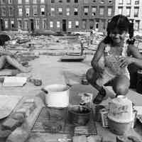 B+W photo of girls playing in open lot on north side of Observer Highway between Bloomfield & Garden Sts., Hoboken, 1975.