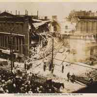 Sepia-tone photo of Cyclone Disaster, northwest corner of First and Bloomfield Streets, Hoboken, August 29, 1901.