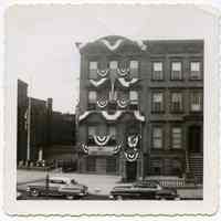 B+W photo of Knights of Columbus clubhouse decorated for 60th anniversary, 716 Hudson St., Hoboken, Apr. 16, 1956.