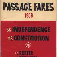 Brochure: American Export Lines. Passage Fares 1959. S.S. Independence; S.S. Constitution; Exeter; Excalibur; Excambion. European Edition No. 765 - Dec. 1958.