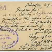 Postcard sent by Paul Werner, 94 Jefferson St.(old number), Hoboken, N.J. to Stuttgart, Germany, April 26, 1891.