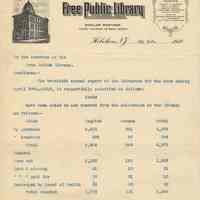 Twentieth Annual Report, page [1] only, of the Librarian to Trustees, Free Public Library, Hoboken, May 1, 1910.