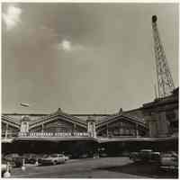 B+W photo of the western facade of the Erie Lackawanna Terminal, Hoboken, no date, [1976].