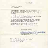 Typed letter, signed, to Florence & Madeline Miller from N.Y. Foundling Hospital regarding donation in memory of Senator McCarthy, May 7, 1957.