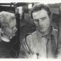 B+W publicity photo of Marlon Brando as Terry Malloy with Eva Marie Saint as Edie Malloy in film "On the Waterfront," Hoboken, no date, ca. 1953-1954.