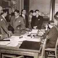 Digital image of b+w photo of Mayor Fred M. DeSapio and Commissioners in Law Department at City Hall, Hoboken, May, 1947.