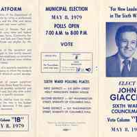 Political campaign brochure of John Giacchi, candidate for Sixth Ward Councilman, Hoboken, May 1979.