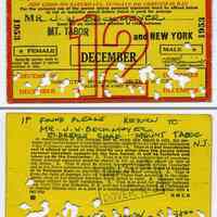 Ticket: Restricted Monthly Commutation Ticket for D.L. & W. Railroad between Mt. Tabor & N.Y., Dec. 1953.