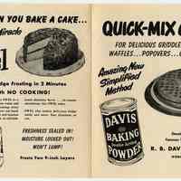 Quick-Mix Chart. No. 3. For Delicious Griddle Cakes ... (Baking Powder) R.B. Davis Co., Hoboken, n.d., ca. 1948-1955.