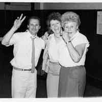 B+W photo of three Tom Vezzetti campaign supporters on election night, Hoboken, [June 11, 1985].