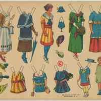 Printed sheet of uncut paper doll figures & clothes produced by Decalco Litho Co., Hoboken, n.d., ca. 1918-1925.