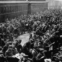 B+W reproduction photo of troops arriving at the Port of Embarkation, Hoboken, no date, ca. 1916-1918.