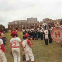 Color photo of Hoboken High School marching band at Baseball Day Ceremonies, 1976. 4" x 4" print.