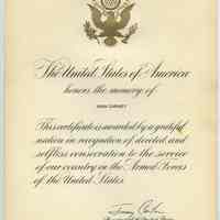          8: Memorial certificate from President Jimmy Carter, 1977.
   