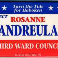 Pin button: Turn the Tide For Hoboken. Elect Rosanne Andreula, Third Ward Council. Hoboken, 1995.