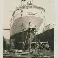 B+W photo of the stern of the S.S. Santa Marta in dry dock at the Bethlehem Steel Shipyard, Hoboken, no date, ca. 1932-39.