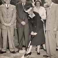 Digital image of b+w photo of Mayor Fred M. DeSapio et al at ground breaking for Kidde building on Stevens campus, Hoboken, October, 1947.