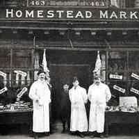 Printed B+W photograph of Old Homestead Market, provisioners, 463 First Street, Hoboken, ca. 1906-1908.