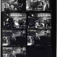 B+W contact sheet, 7 photos of Frank Sinatra on film set of "Young at Heart", L.A., CA, Warner Bros. 1954.