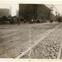 B+W photo looking south on Willow Ave. to 17th St.; streetcar tracks & freight rail crossing, Hoboken, n.d., (1927).