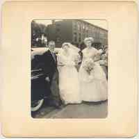 B+W photo of Joan Smith Cunning in wedding dress with grandmother Olinda (Tostain) Roarty, Hoboken, 1955.