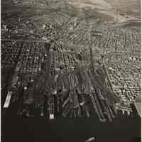 B+W aerial photo of railroad yards & facilities of Erie-Lackawanna RR, Jersey City & Hoboken, Nov. 30, 1961.