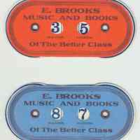 Two paper counters for card games advertising E. Brooks Music and Books, 1118 Washington St., Hoboken, no date, ca. 1910