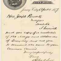 Note from City Clerk, Jersey City to Hoboken MayorJoseph Russell, Apr. 5, 1877, requesting a resolution be transmitted to City Council.