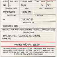 Parking ticket: City of Hoboken Complaint - Summons issued on Sept. 8, 2008.