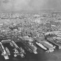 B+W aerial photo of Hoboken looking west from above the piers, no date, ca. 1948-1950.