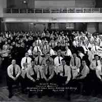 B+W group photo of Seventh Annual Communion Breakfast, Department of Public Safety, Hoboken, New Jersey, Union Club, May 2, 1954.