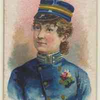 Cigarette advertising card: Annie Sommerville in Colors of Hoboken Yacht Club, issued by W. Duke & Sons, N.Y., 1890.