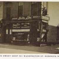 Sepia-tone photo of Betty Lou Sweet Shop, 501 Washington Street, Hoboken, circa 1940