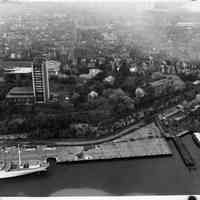 B+W negative: aerial view of Stevens Institute of Technology campus and waterfront, Hoboken, no date, ca. 1969-1975.