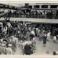 Sepia-tone photo of deck games at sea aboard S.S. Leviathan, United States Lines, n.d. ca. early 1930s.