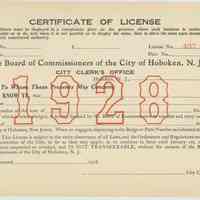 Unissued City of Hoboken Certificate of License for 1928 in force until Jan. 1st, 1929, Hoboken, 1927.