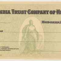 Bank check: Columbia Trust Company of New Jersey, Hoboken, N.J. Ca,, 1910-1919.